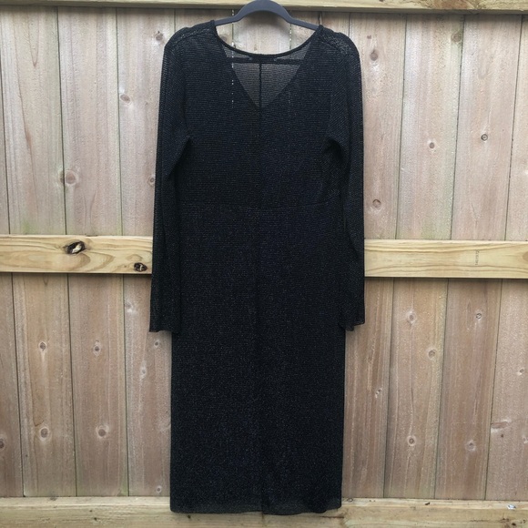 Zara Black Mesh Midi Dress Size L Long Sleeve Metallic Swim Cover V-neck Stretch - Picture 7 of 10